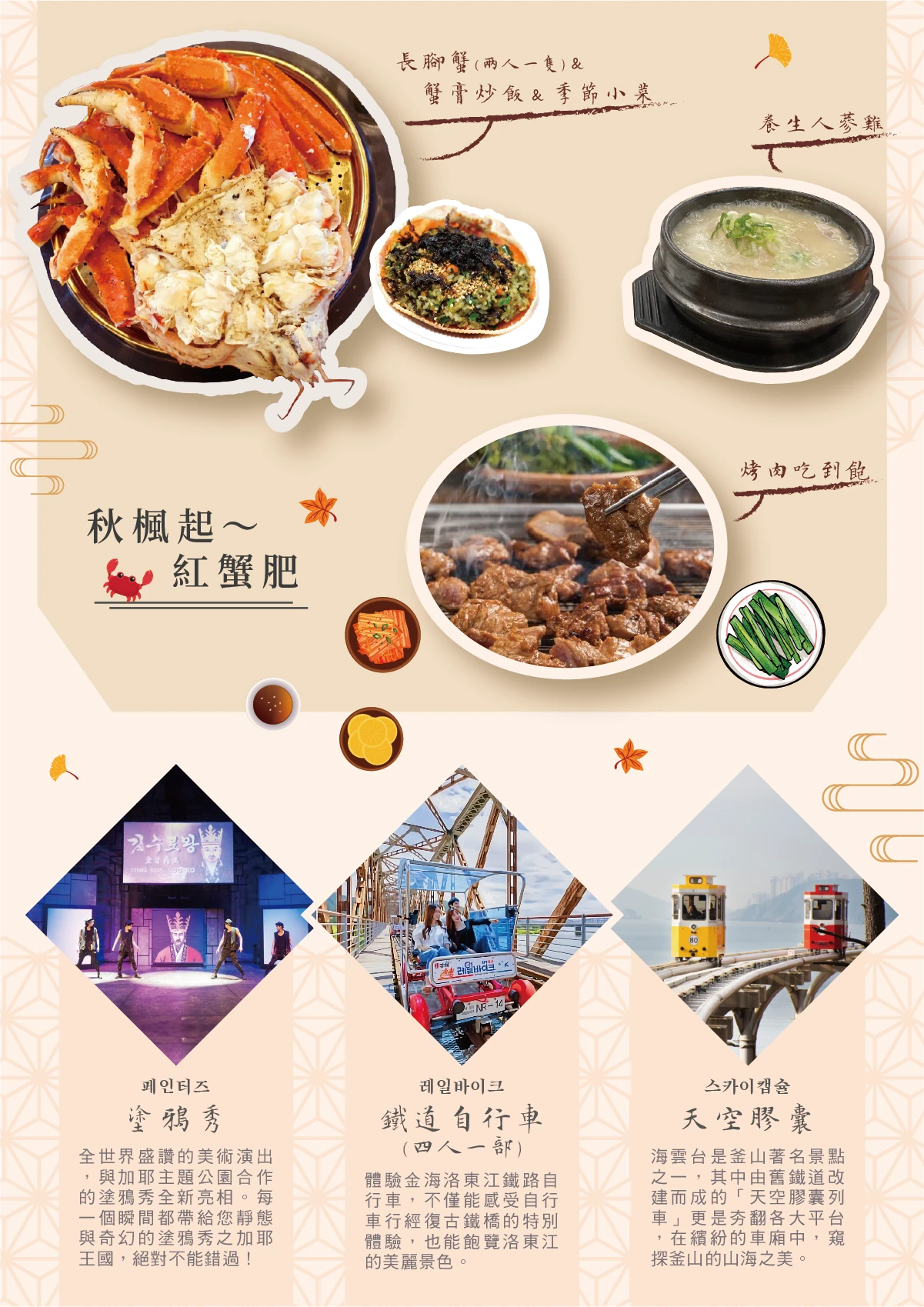 長腳蟹 蟹膏炒飯 養生人蔘雞 烤肉吃到飽 金海伽耶塗鴉秀 金海洛東江鐵道自行車 海雲台天空膠囊